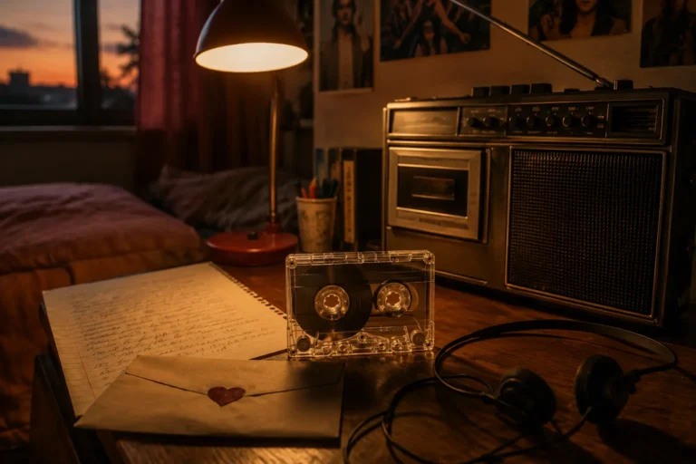 Casete grabado a mano junto a una radio antigua y una carta sobre una mesa cálida