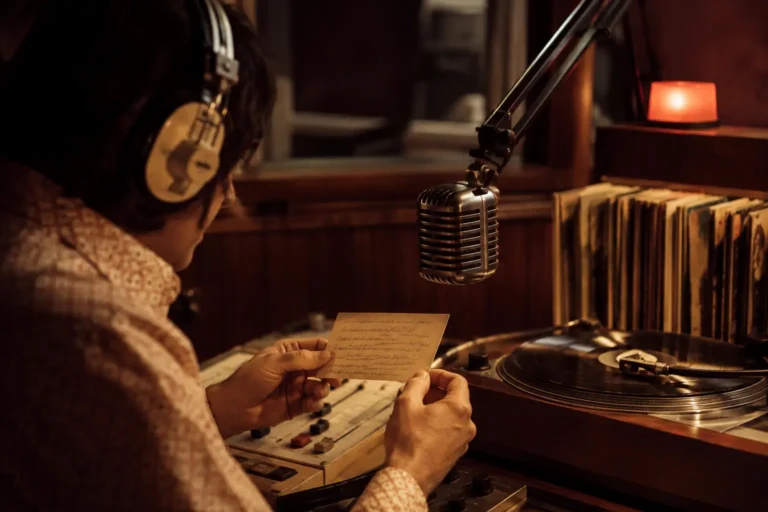 Locutor de radio leyendo una dedicatoria junto a un micrófono y discos antiguos