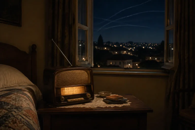 Radio AM antigua encendida de noche junto a una ventana con luces lejanas