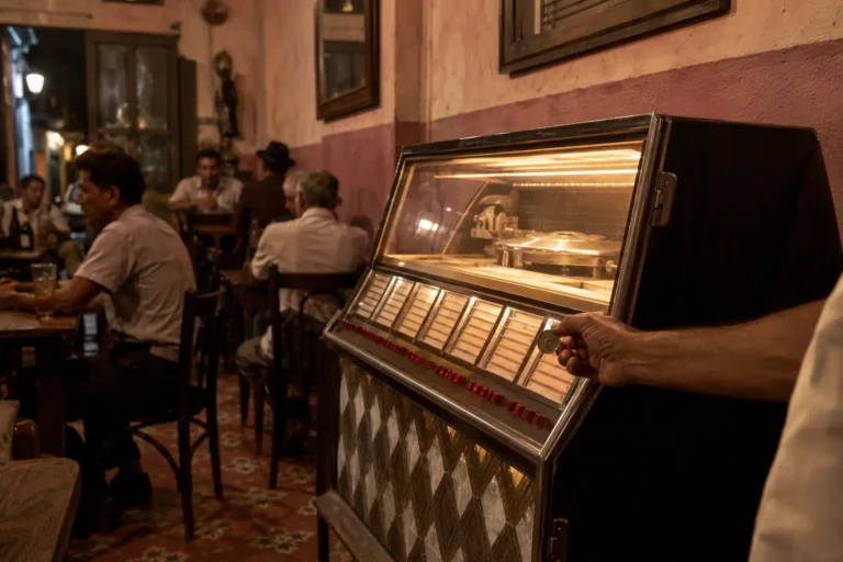 Rockola clásica iluminada en un café antiguo con mesas y ambiente nostálgico