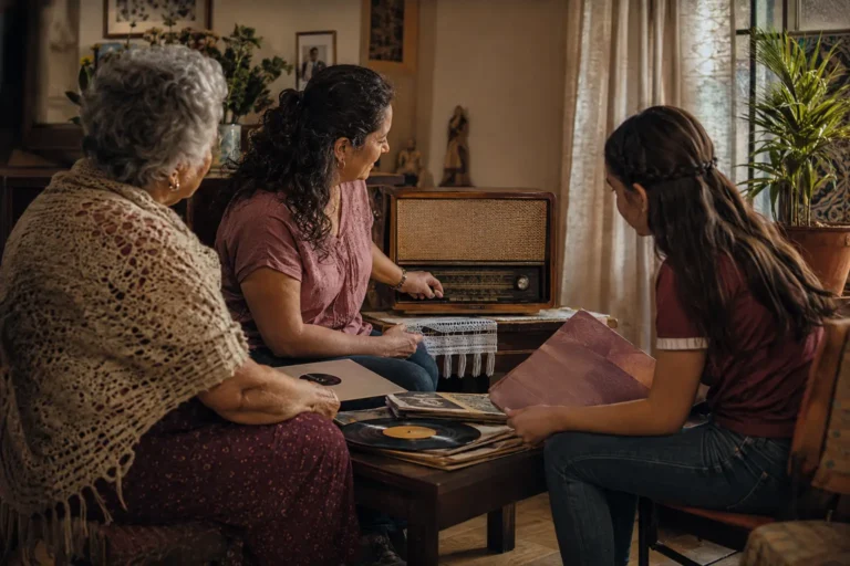 Tres generaciones de una familia escuchando juntas una radio antigua en casa