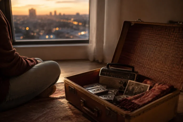 Maleta abierta con radio portátil, casetes y fotografía familiar en una habitación