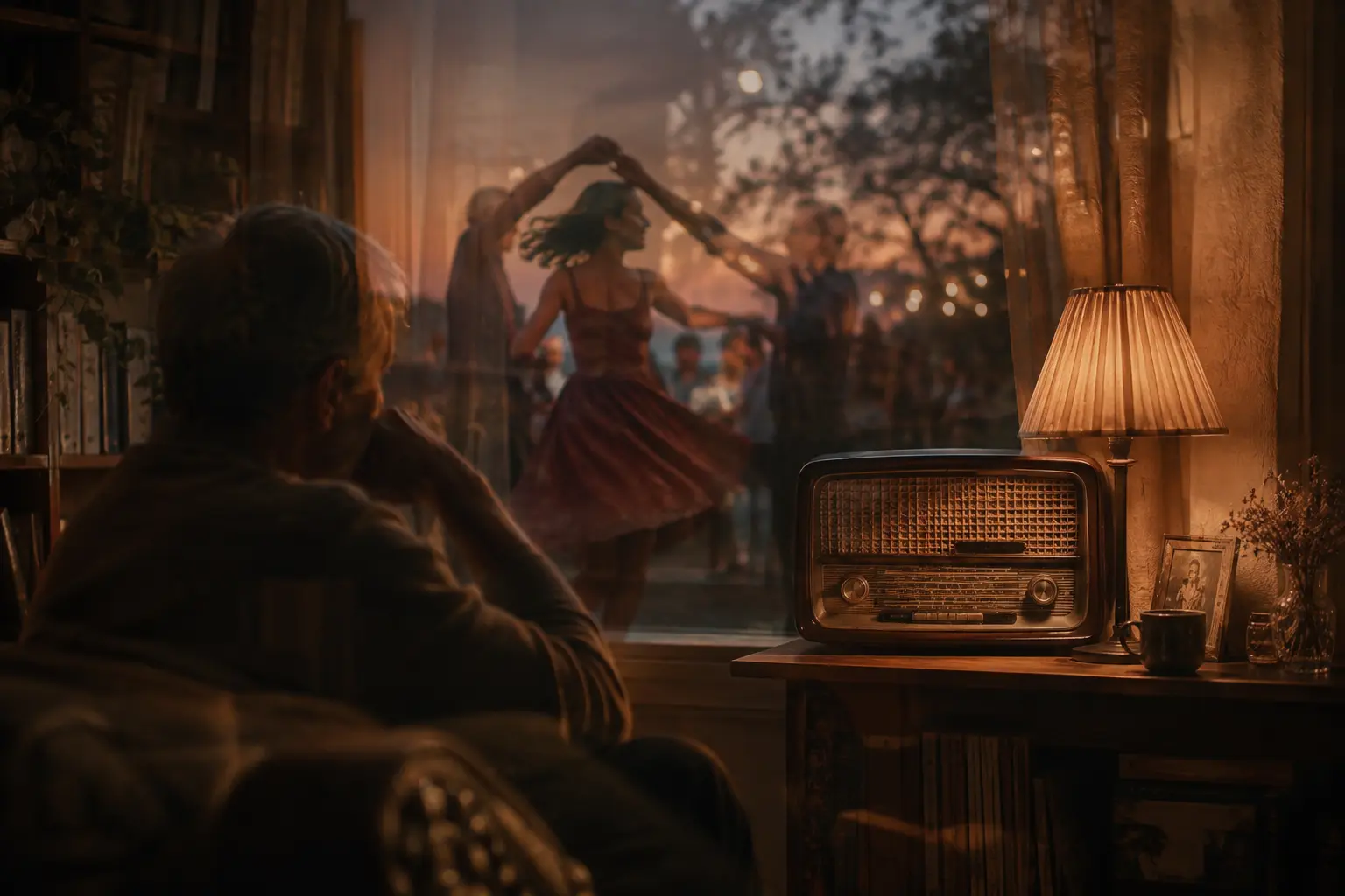 Persona adulta escuchando una radio mientras recuerda una escena juvenil reflejada en fotografías