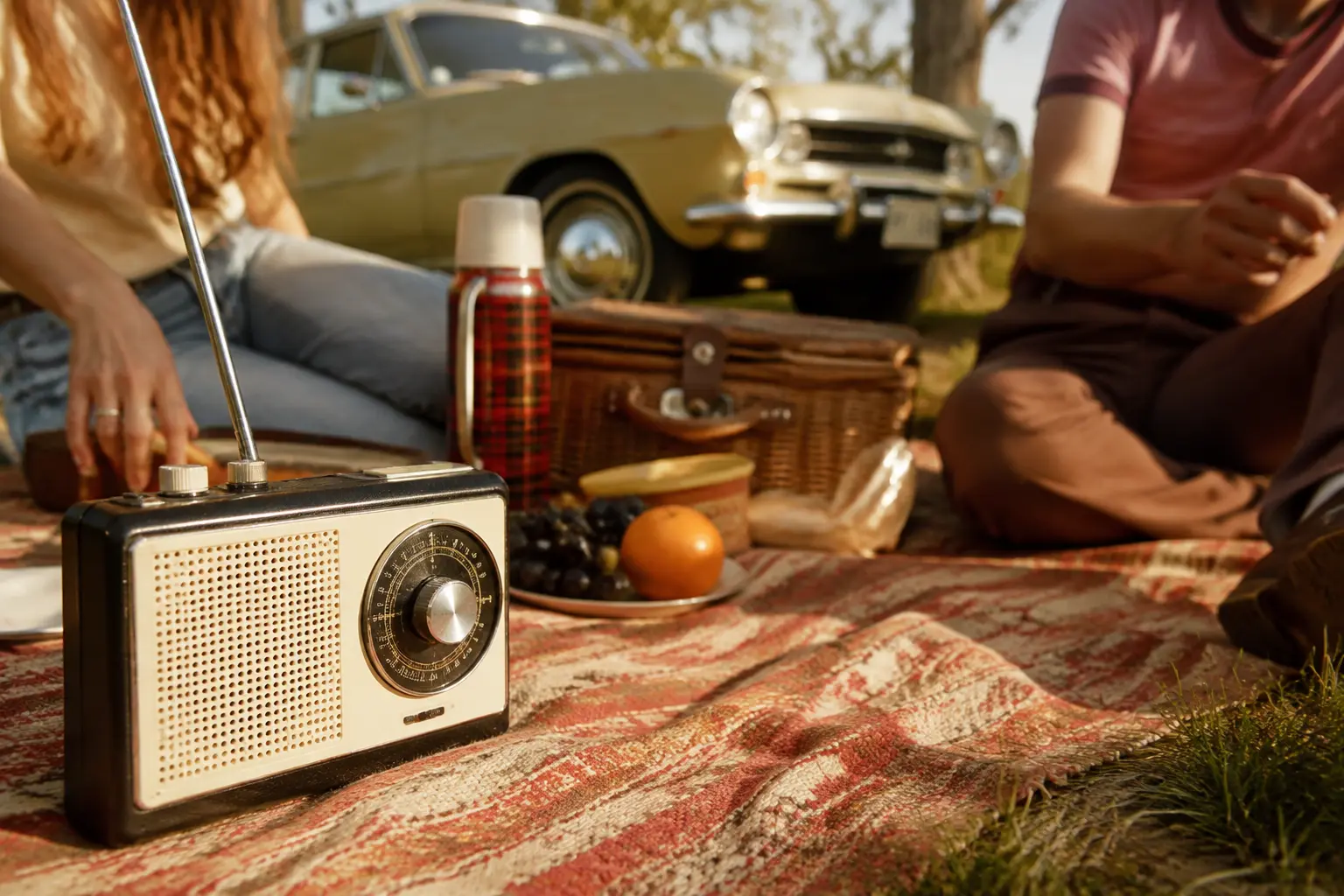 Radio de transistores portátil sobre una manta de picnic con paisaje de carretera