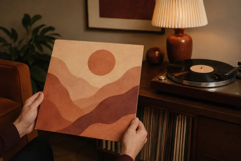Manos sosteniendo una portada de disco sin texto junto a un tocadiscos y luz cálida