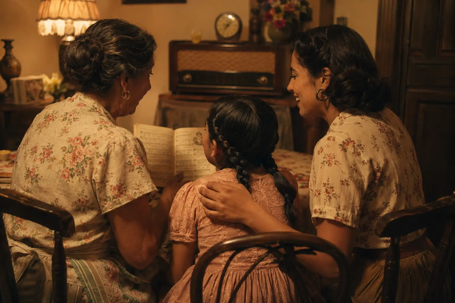 Familia reunida alrededor de una mesa siguiendo canciones en un cuadernillo antiguo