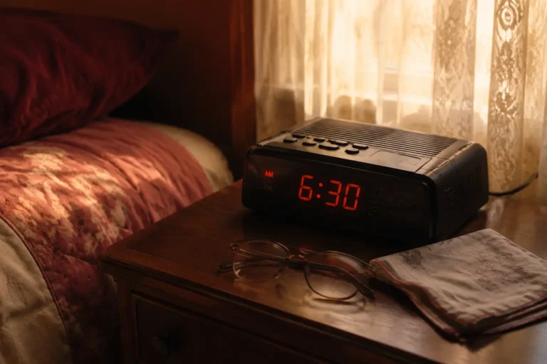 Radio despertador retro encendido al amanecer sobre una mesa de noche