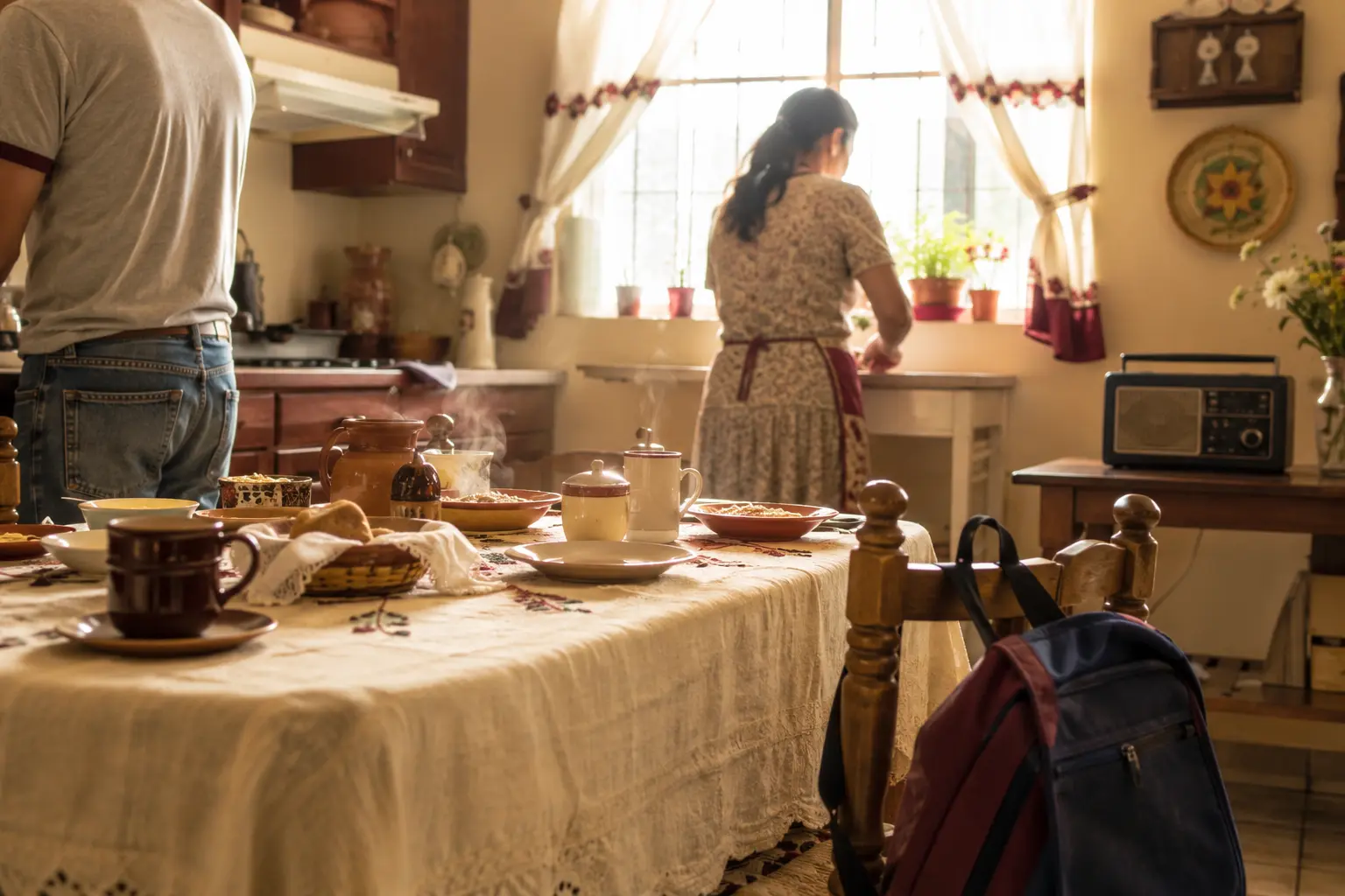 Cocina familiar al amanecer con una radio encendida junto al desayuno