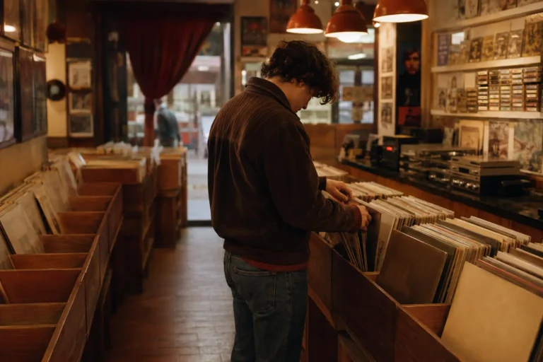 Persona explorando estantes de vinilos y casetes en una tienda de discos antigua