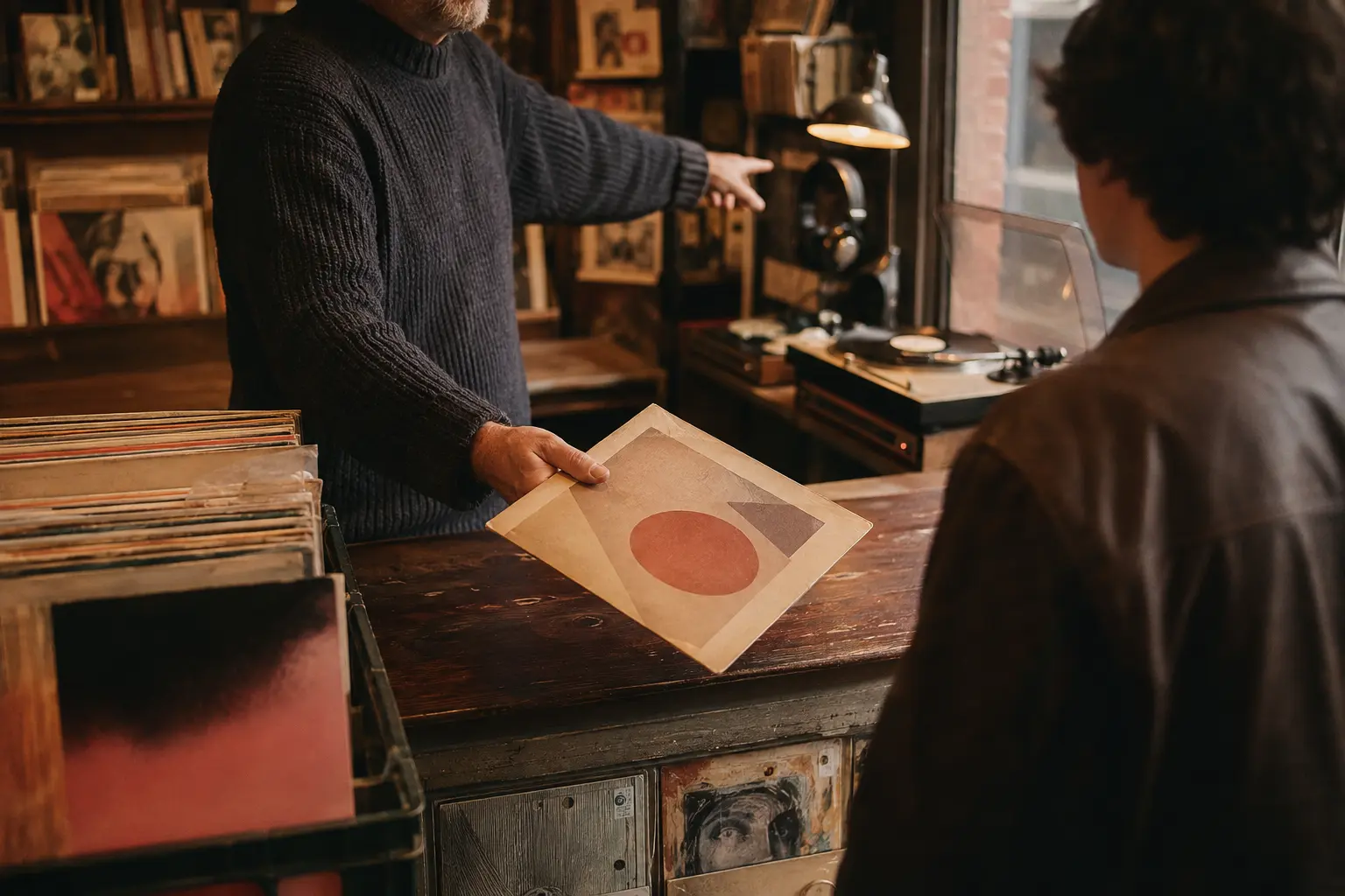 Vendedor de tienda de discos recomendando un álbum a una persona joven