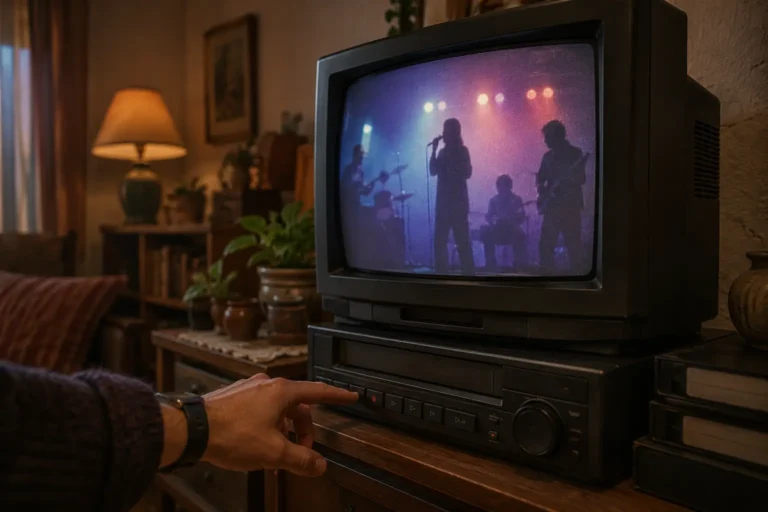 Mano preparada para grabar un programa musical en una videocasetera VHS antigua