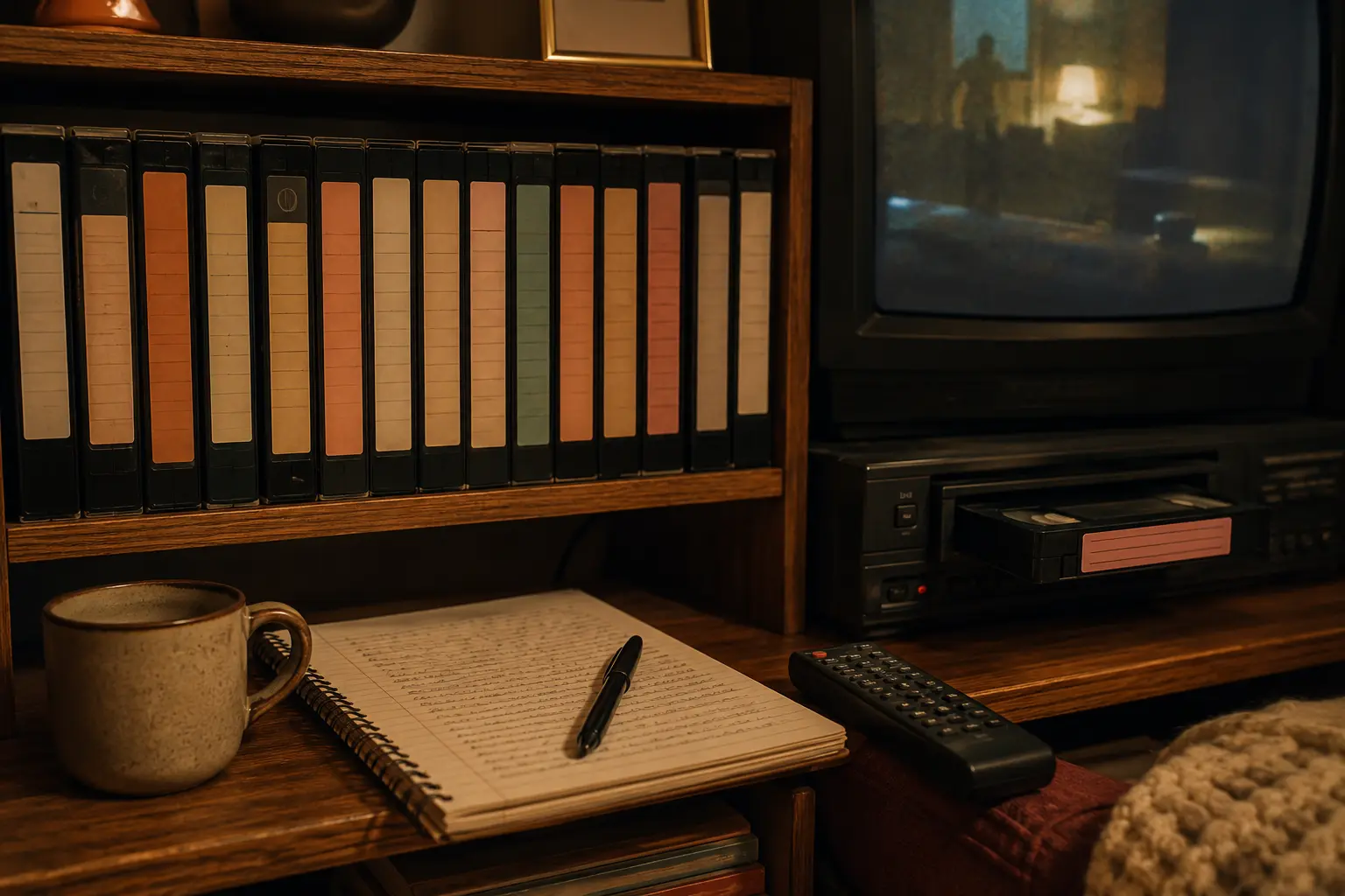 Colección casera de videocasetes junto a un televisor y una libreta de canciones