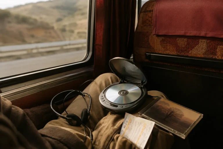 Discman con audífonos sobre las piernas de una persona durante un viaje en autobús