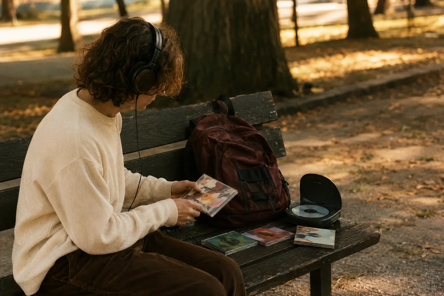 Persona joven escuchando un reproductor de CD portátil con varios discos junto a una mochila