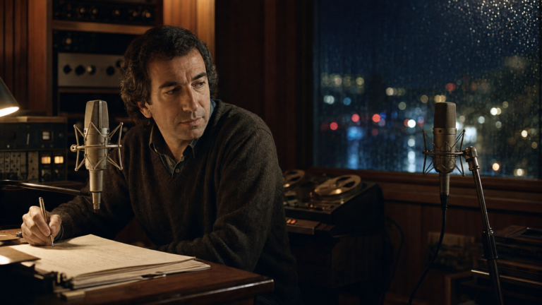 José Luis Perales escribiendo en un estudio junto a un segundo micrófono vacío