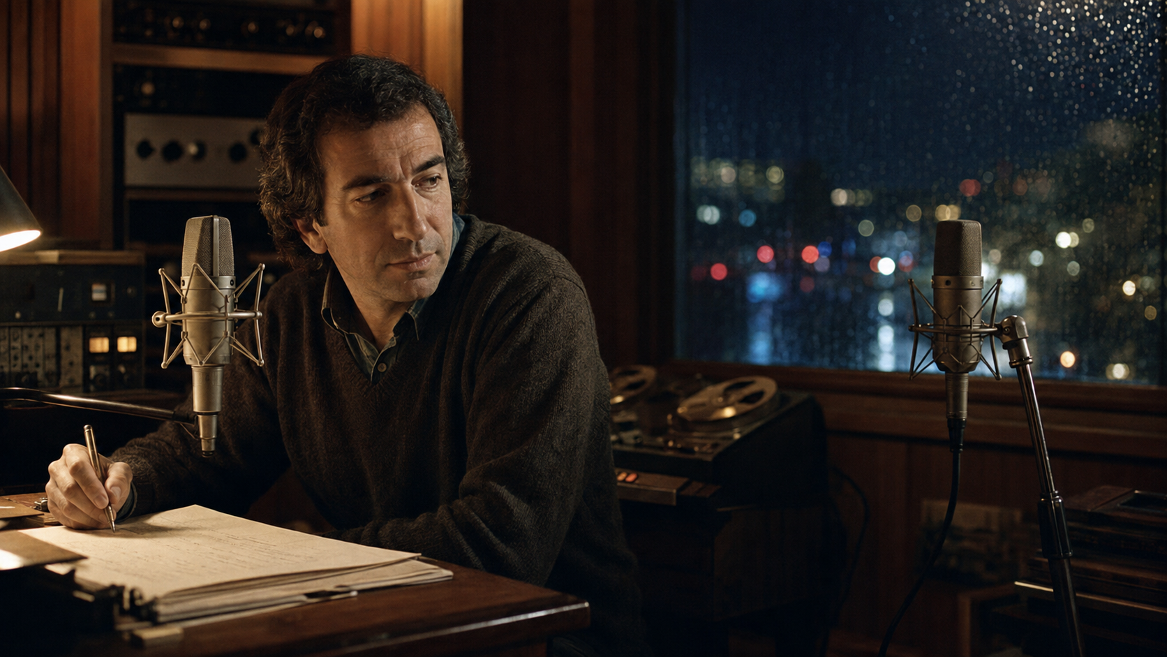 José Luis Perales escribiendo en un estudio junto a un segundo micrófono vacío