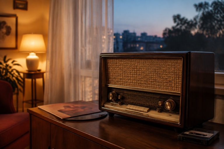 Radio antigua reproduciendo baladas románticas del recuerdo al atardecer