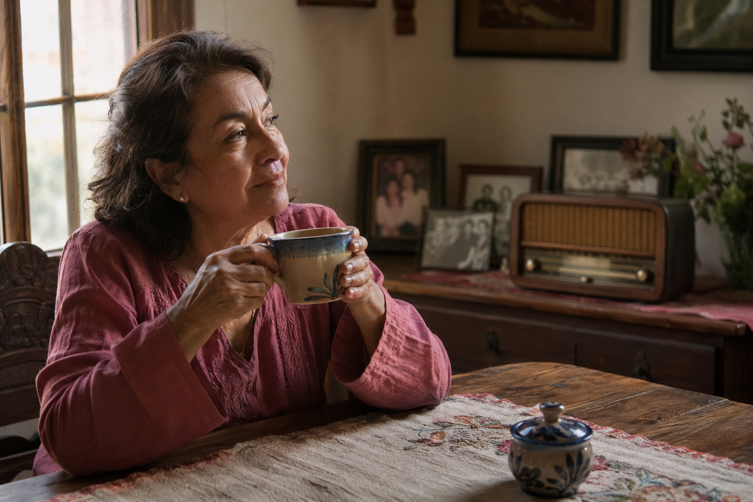 Mujer escuchando una radio antigua y recordando canciones románticas