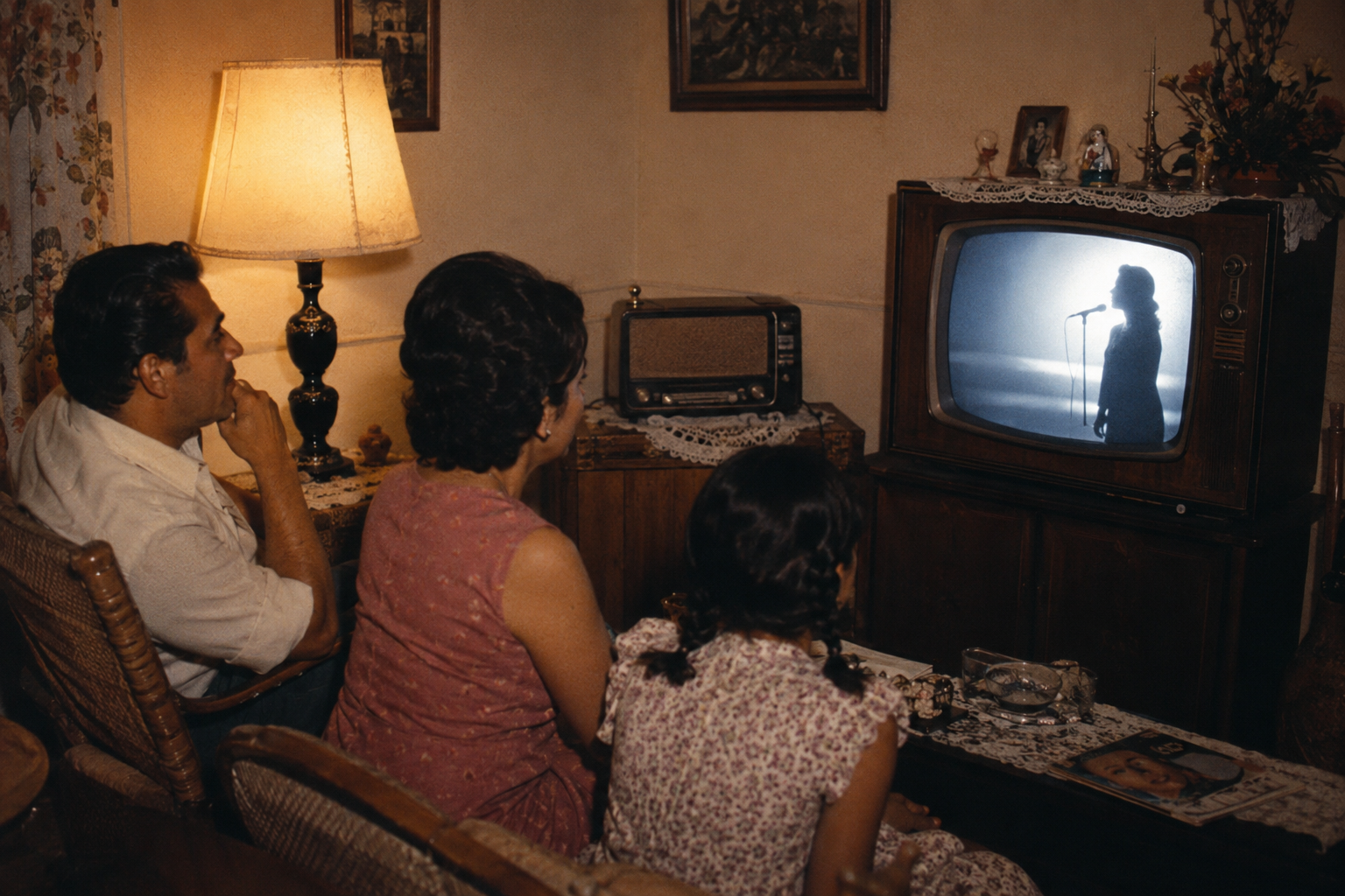Familia mexicana viendo una recreación de El Triste de José José por televisión en 1970