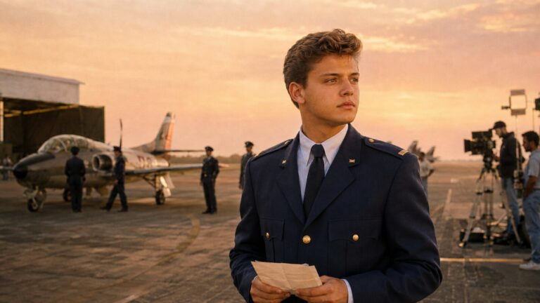 Luis Miguel vestido como cadete en un aeródromo durante una recreación del video La incondicional