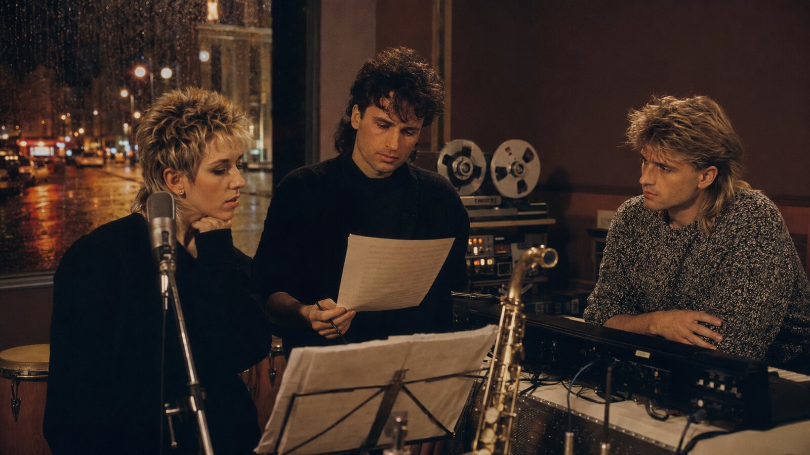 Ana Torroja, José María Cano y Nacho Cano revisando una canción en un estudio de Madrid de 1986