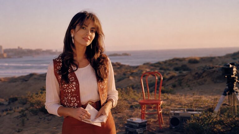 Myriam Hernández en las dunas costeras de Chile junto a una silla roja y una radio de 1988