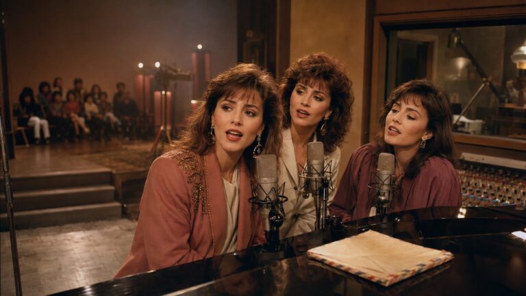 Isabel, Mayte y Fernanda de Pandora cantando juntas en un estudio de radio de 1985